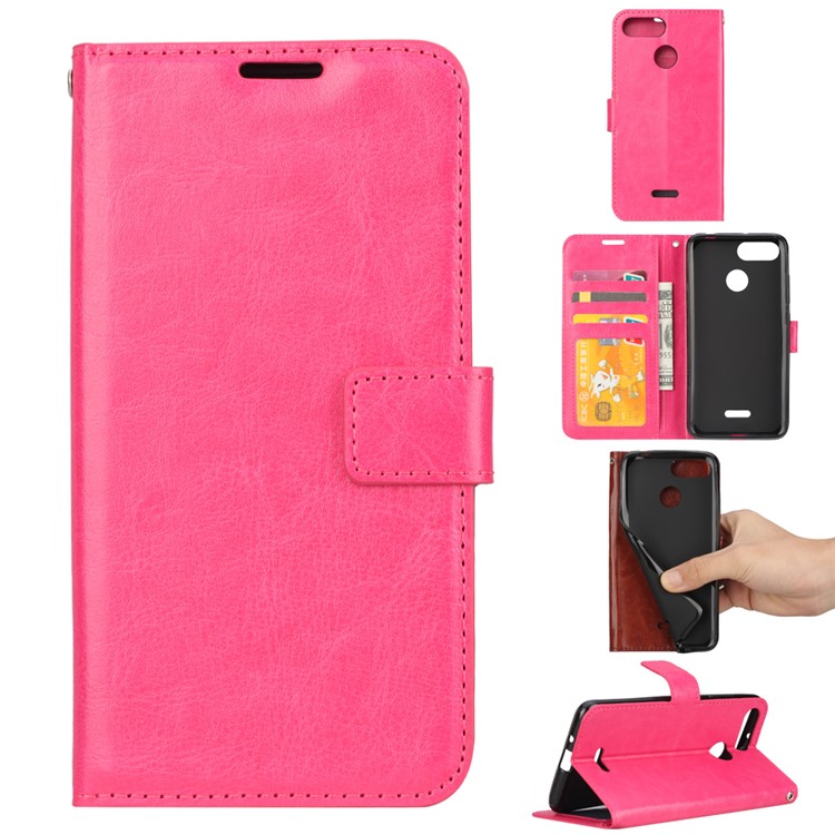 Crazy Horse Texture Wallet Stand Leather Cell Phone Case for Xiaomi Redmi 6 - Rose-1