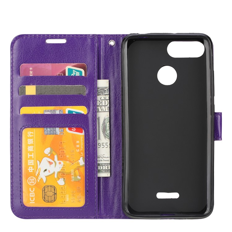 Carteira De Textura De Cavalo Louco Ficar Invólucro Móvel De Couro Para Xiaomi Redmi 6 - Roxa-4