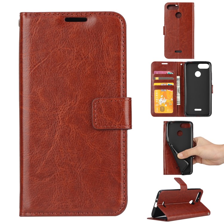 Crazy Horse Texture Wallet Stand Leather Protective Shell for Xiaomi Redmi 6 - Brown-1
