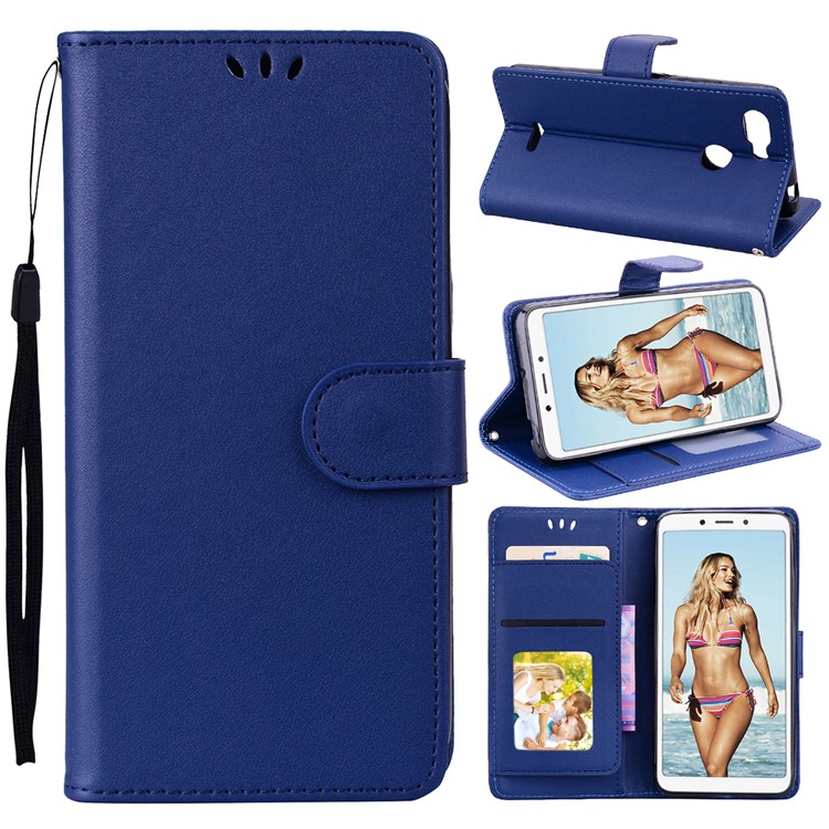 Magnetic Wallet Stand PU Leather Protective Phone Shell for Xiaomi Redmi 6 - Dark Blue-1