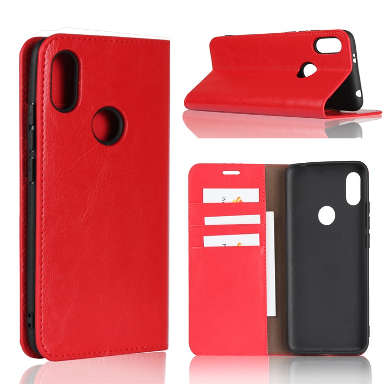 Crazy Horse Texture Genuine Leather Wallet Stand Mobile Case for Xiaomi Redmi S2 / Redmi Y2 - Red-1