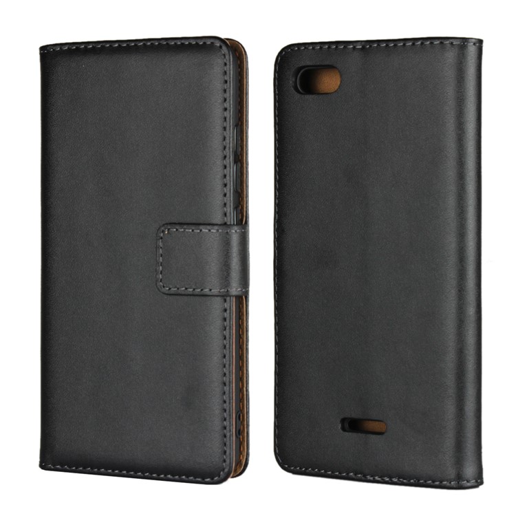 Genuine Leather Wallet Stand Phone Cover for Xiaomi Redmi 6A (Single 12MP Rear Camera) - Black-1
