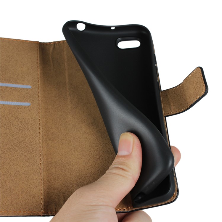 Genuine Leather Wallet Stand Phone Cover for Xiaomi Redmi 6A (Single 12MP Rear Camera) - Black-14