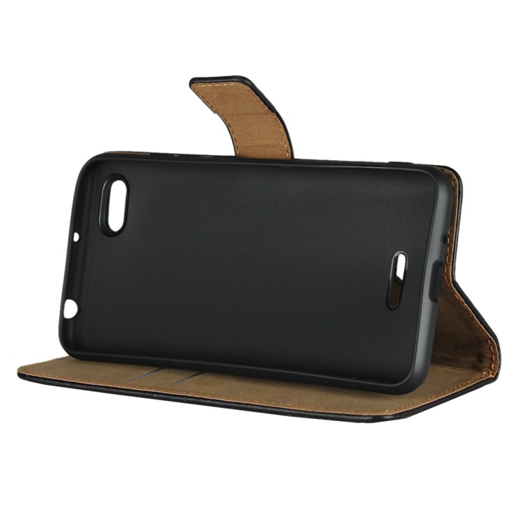 Genuine Leather Wallet Stand Phone Cover for Xiaomi Redmi 6A (Single 12MP Rear Camera) - Black-6