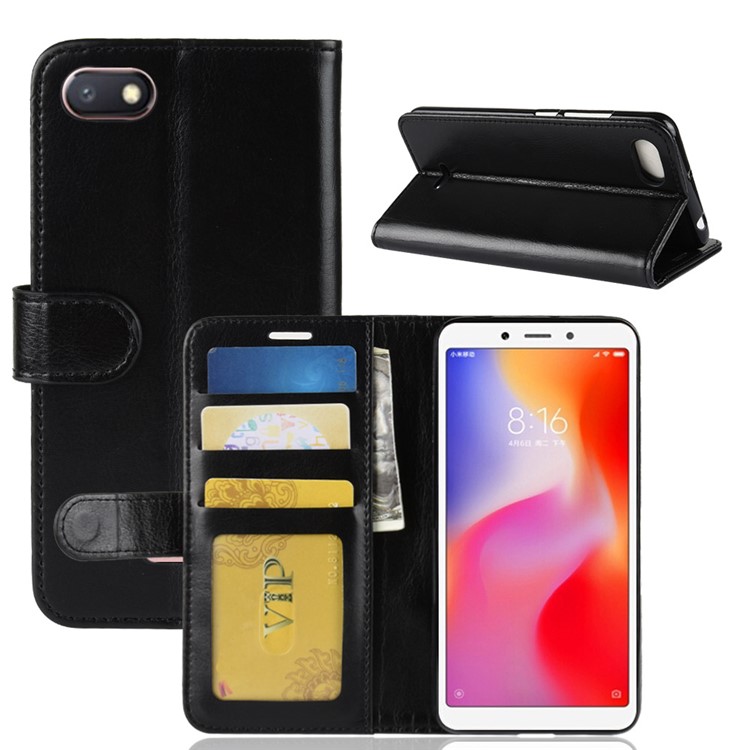 Crazy Horse Magnetic Stand Wallet Leather Telefone Case Para Xiaomi Redmi 6a - Preto