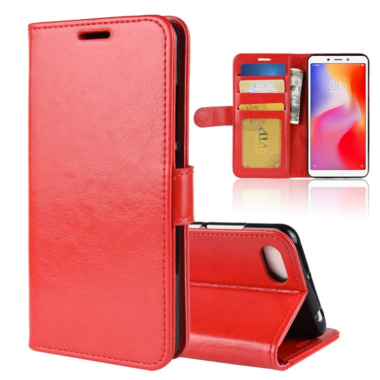 Crazy Horse Magnetic Stand Wallet Leather Mobile Phone Shell for Xiaomi Redmi 6A - Red-1