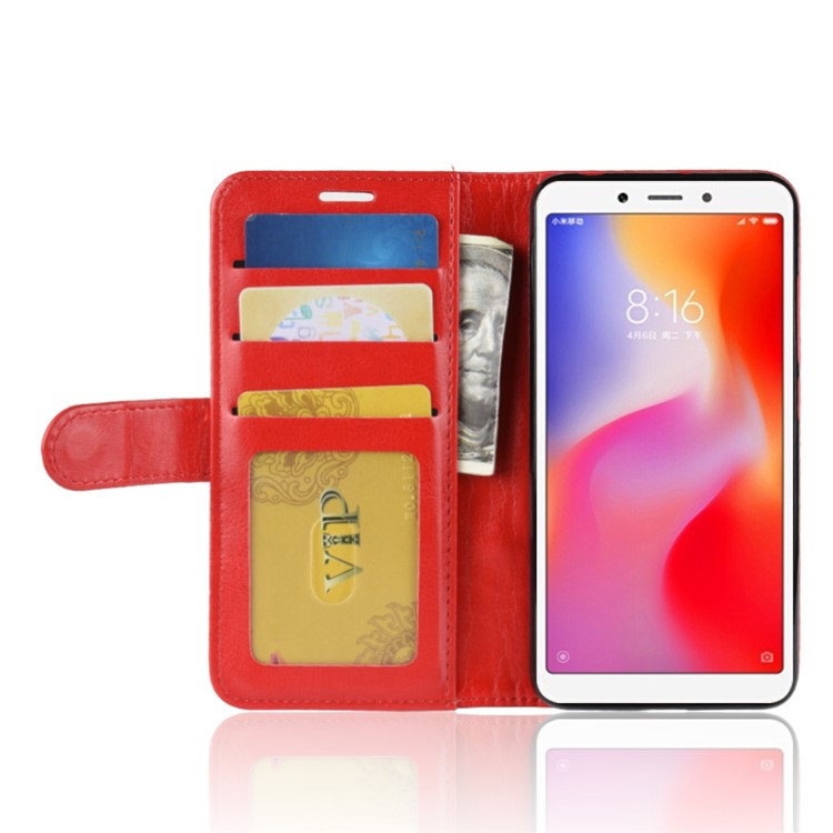 Crazy Horse Magnetic Stand Wallet Leather Mobile Phone Shell for Xiaomi Redmi 6A - Red-5