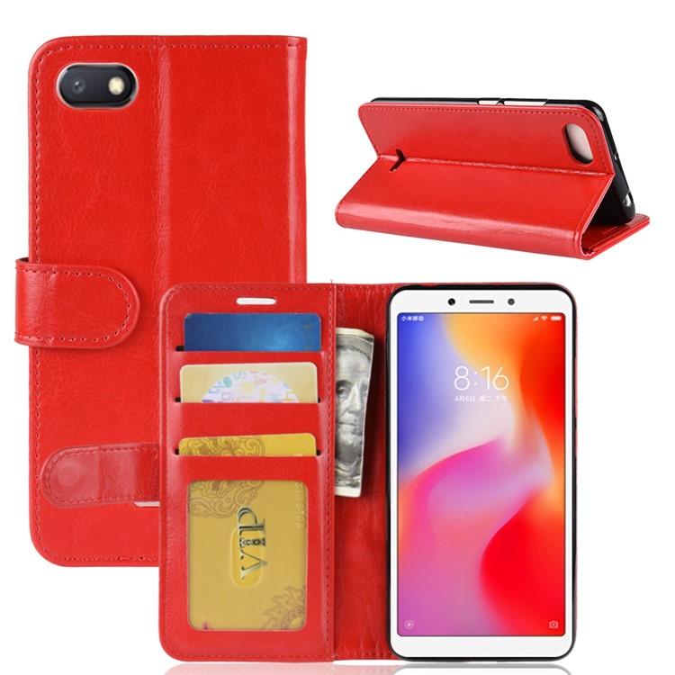 Crazy Horse Magnetic Stand Wallet Leather Mobile Phone Shell for Xiaomi Redmi 6A - Red-8