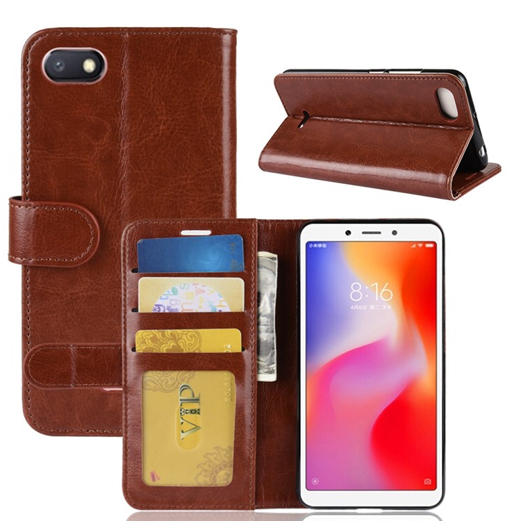Crazy Horse Magnetic Stand Wallet Leather Cell Phone Cover for Xiaomi Redmi 6A - Brown-6