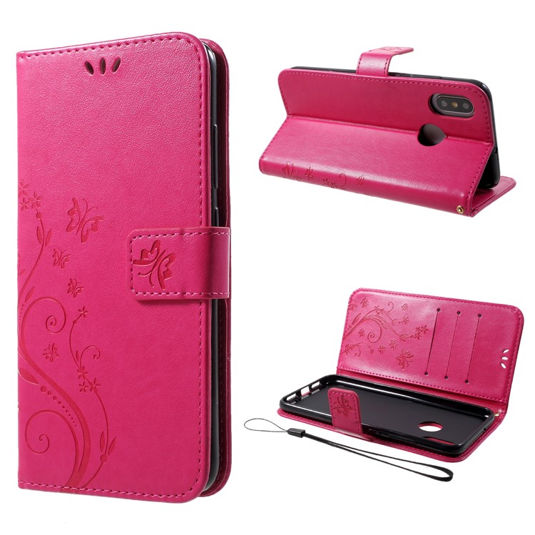 Imprinted Butterfly Flowers PU Leather Wallet Stand Case for Xiaomi Mi 8 (6.21-inch) - Rose-1