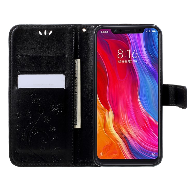 Imprinted Butterfly Flowers PU Leather Wallet Casing with Stand for Xiaomi Mi 8 (6.21-inch) - Black-6