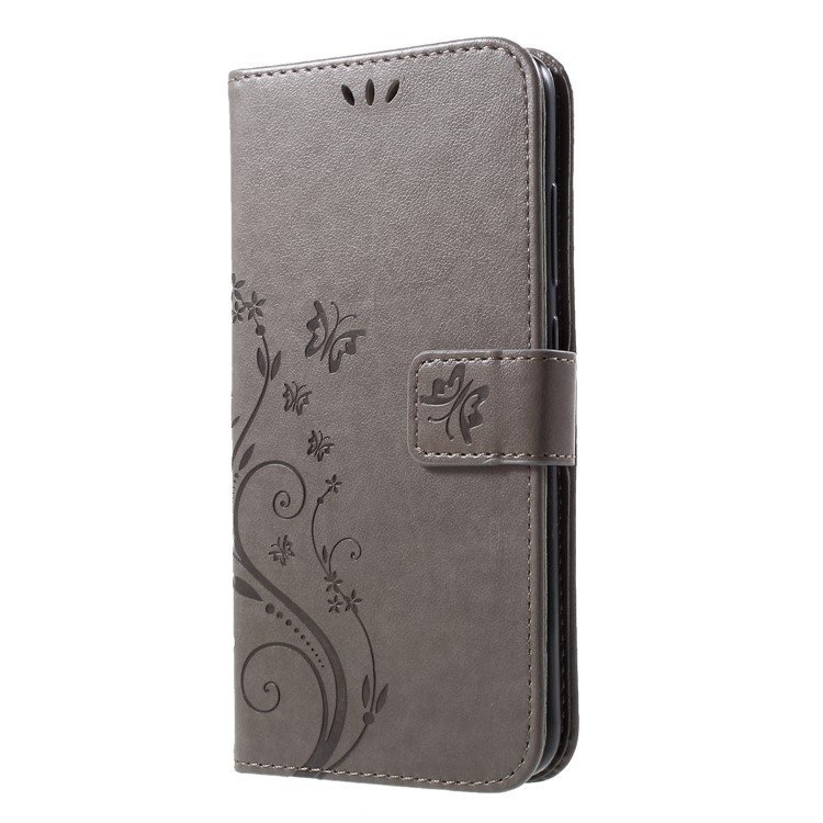 Imprinted Butterfly Flowers PU Leather Wallet Stand Protection Cover Case for Xiaomi Mi 8 (6.21-inch) - Grey-3