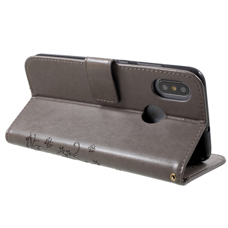 Imprinted Butterfly Flowers PU Leather Wallet Stand Protection Cover Case for Xiaomi Mi 8 (6.21-inch) - Grey-5