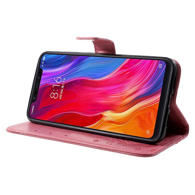 Imprinted Butterfly Flowers PU Leather Wallet Stand Flip Cover for Xiaomi Mi 8 (6.21-inch) - Pink-4