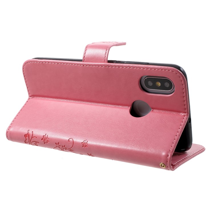 Imprinted Butterfly Flowers PU Leather Wallet Stand Flip Cover for Xiaomi Mi 8 (6.21-inch) - Pink-5