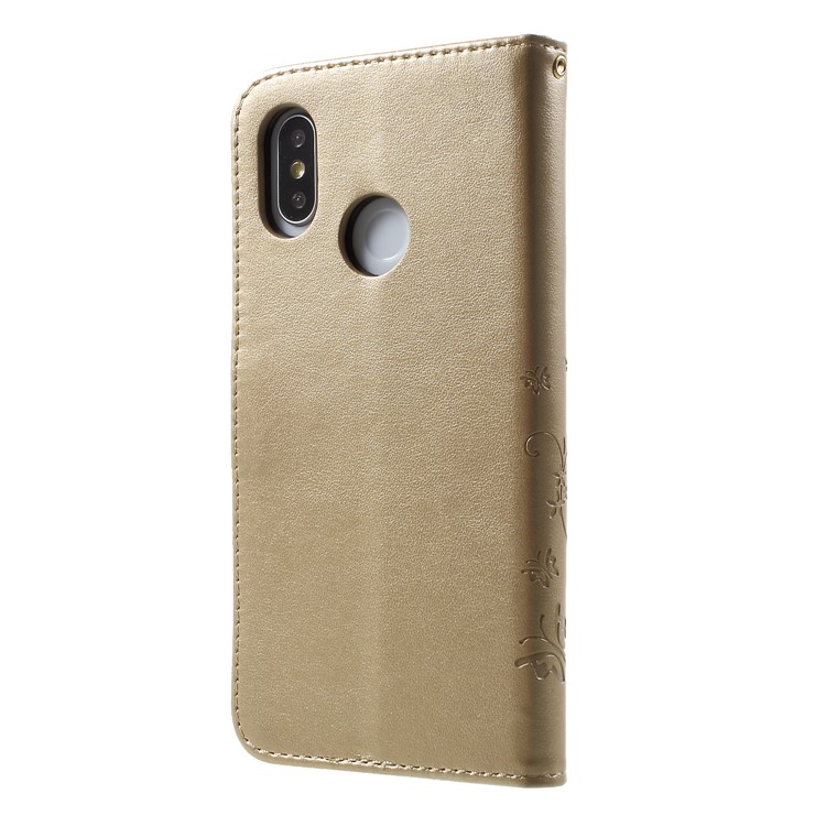 Imprinted Butterfly Flowers PU Leather Wallet Stand Flip Phone Shell for Xiaomi Mi 8 (6.21-inch) - Gold-2