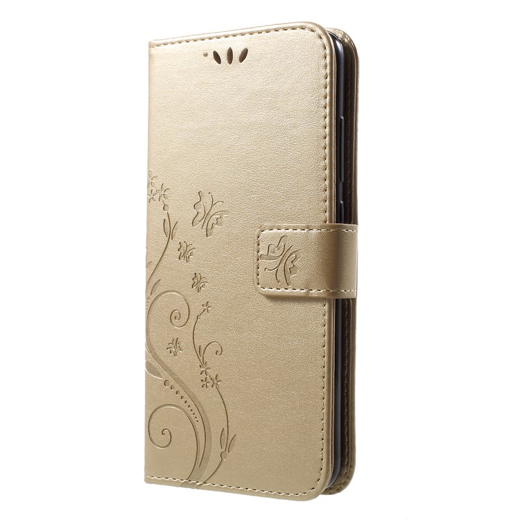 Imprinted Butterfly Flowers PU Leather Wallet Stand Flip Phone Shell for Xiaomi Mi 8 (6.21-inch) - Gold-3
