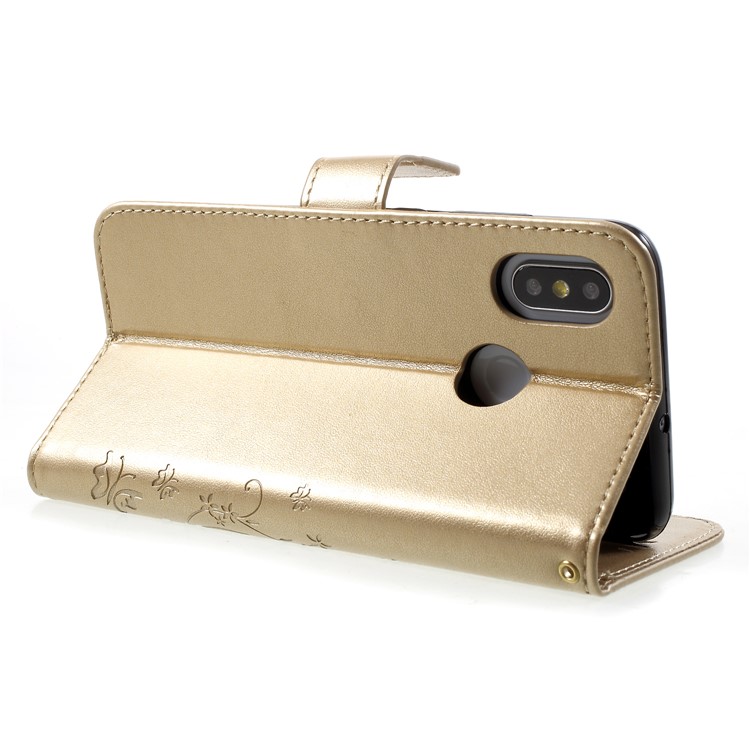 Imprinted Butterfly Flowers PU Leather Wallet Stand Flip Phone Shell for Xiaomi Mi 8 (6.21-inch) - Gold-5