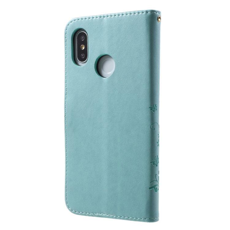 Imprinted Butterfly Flowers PU Leather Wallet Stand Casing with Card Holders for Xiaomi Mi 8 (6.21-inch) - Cyan-2
