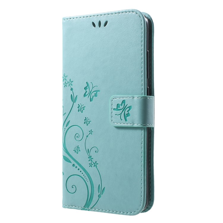 Imprinted Butterfly Flowers PU Leather Wallet Stand Casing with Card Holders for Xiaomi Mi 8 (6.21-inch) - Cyan-3