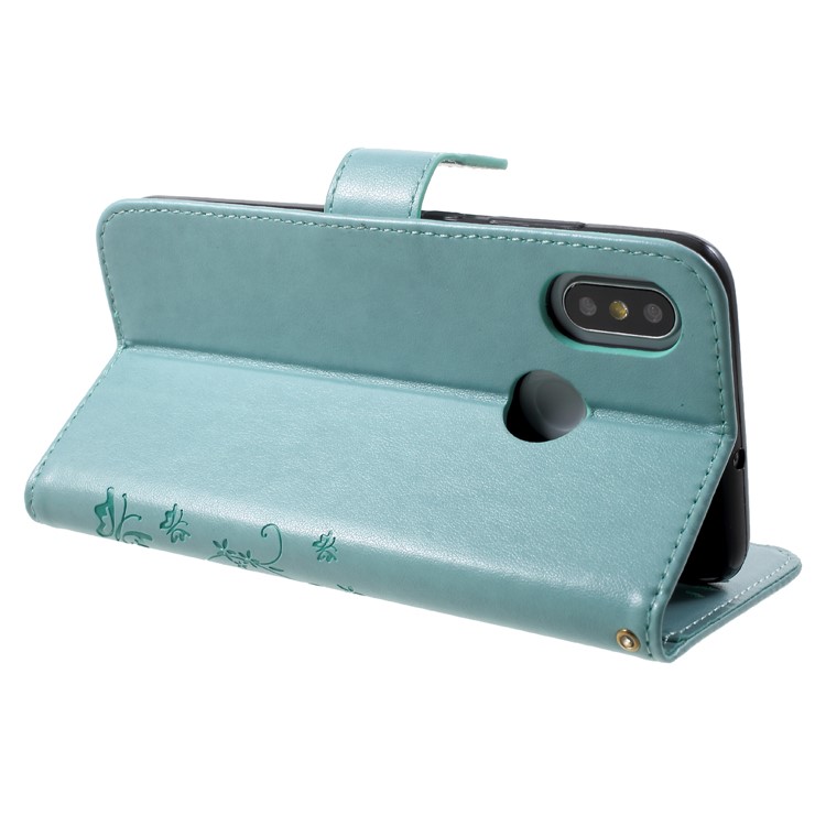 Imprinted Butterfly Flowers PU Leather Wallet Stand Casing with Card Holders for Xiaomi Mi 8 (6.21-inch) - Cyan-5