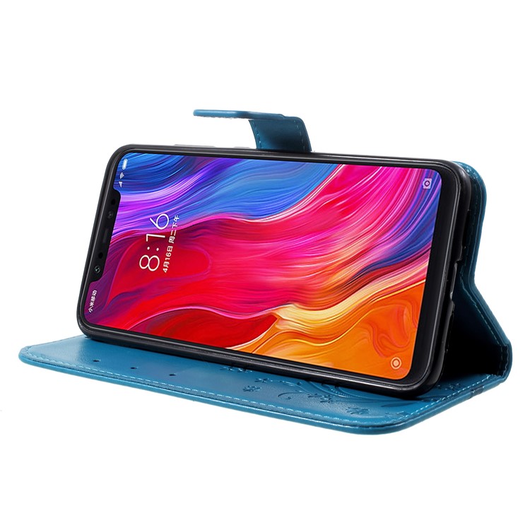 Imprinted Butterfly Flowers PU Leather Wallet Stand Case Cover for Xiaomi Mi 8 (6.21-inch) - Blue-4