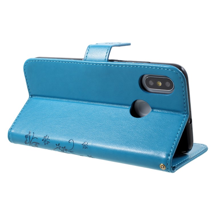 Imprinted Butterfly Flowers PU Leather Wallet Stand Case Cover for Xiaomi Mi 8 (6.21-inch) - Blue-5