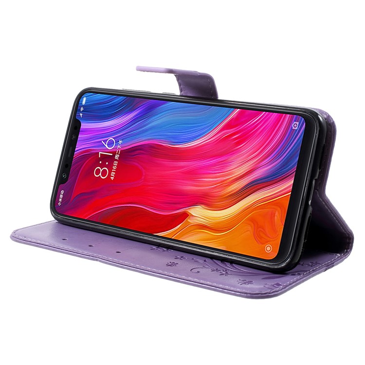 For Xiaomi Mi 8 (6.21-inch) Imprinted Butterfly Flowers PU Leather Wallet Stand Phone Folio Case - Light Purple-4