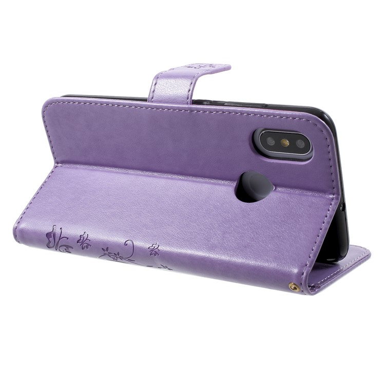 For Xiaomi Mi 8 (6.21-inch) Imprinted Butterfly Flowers PU Leather Wallet Stand Phone Folio Case - Light Purple-5