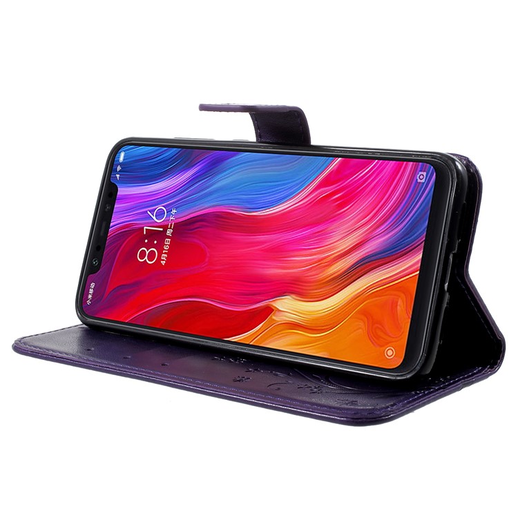 For Xiaomi Mi 8 (6.21-inch) Imprinted Butterfly Flowers PU Leather Wallet Flip Case - Dark Purple-5
