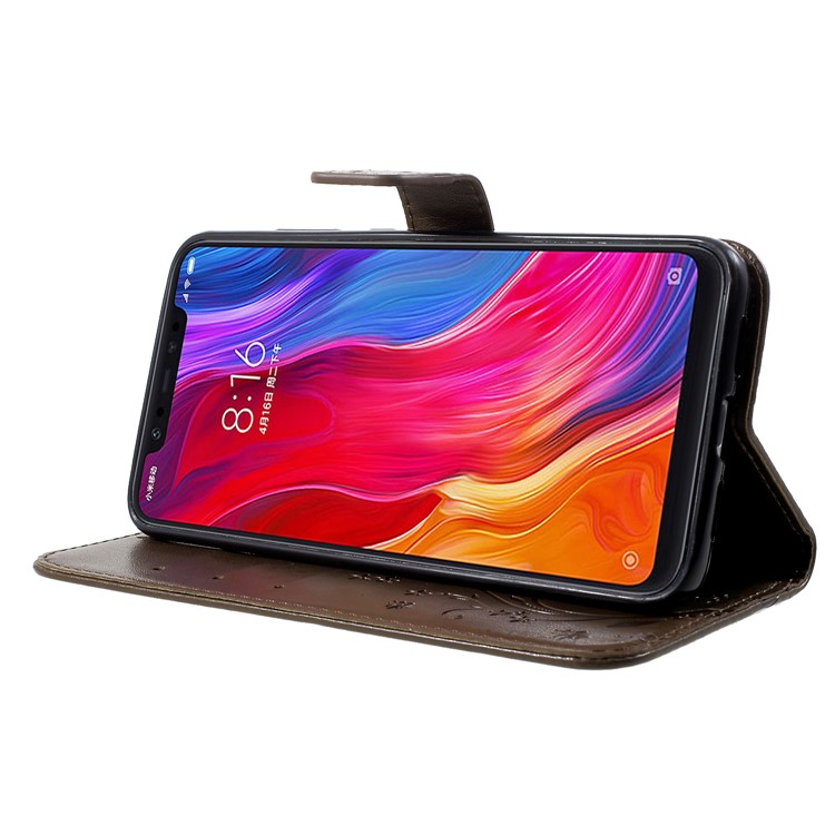 For Xiaomi Mi 8 (6.21-inch) Imprinted Butterfly Flowers PU Leather Wallet Stand Magnetic Casing - Brown-4