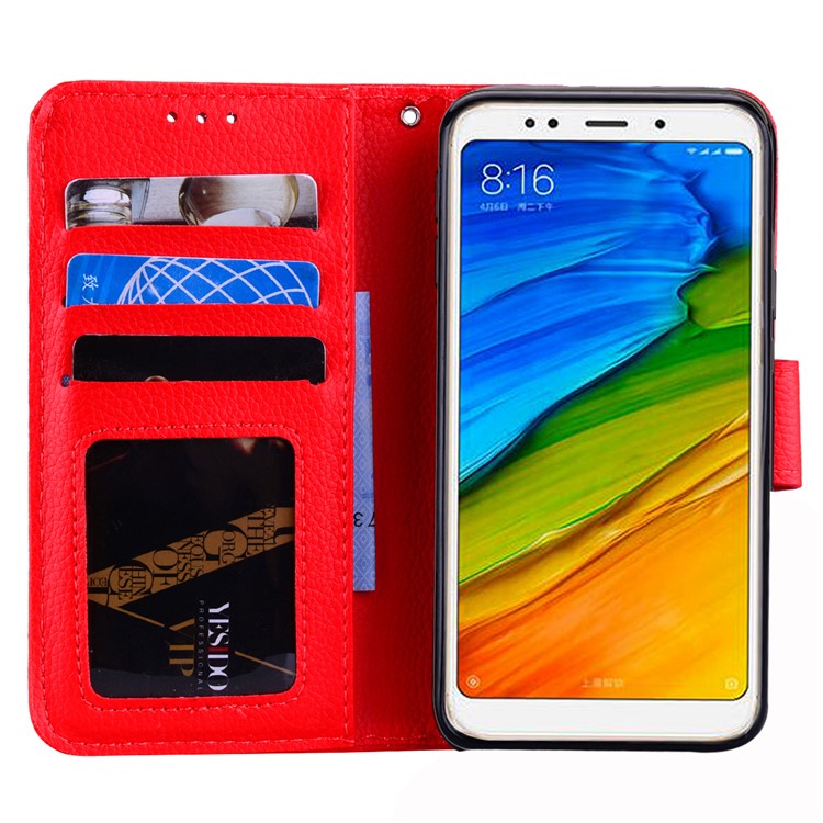 Fro Xiaomi Redmi 5 Litchi Texture Wallet Stand Leather Phone Cover - Red-6