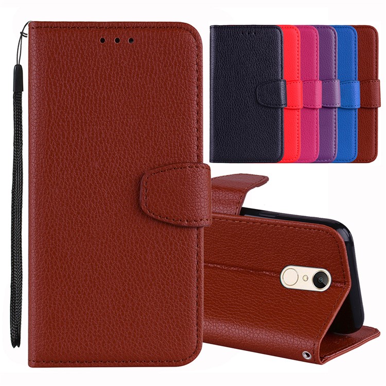 Fro Xiaomi Redmi 5 Litchi Texture Wallet Stand Magnetic Leather Shell Case - Brown-1