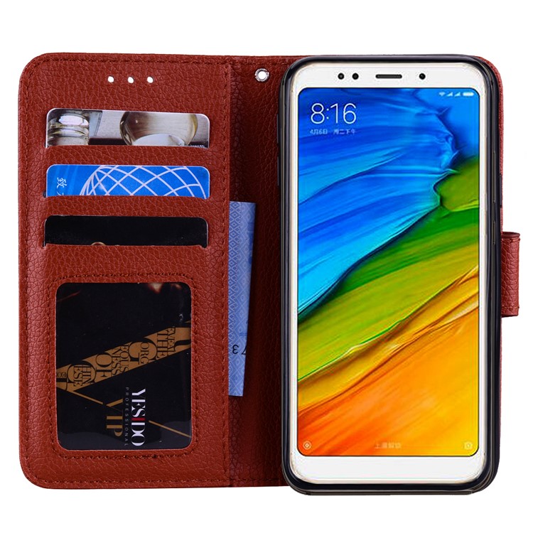 Fro Xiaomi Redmi 5 Litchi Texture Wallet Stand Magnetic Leather Shell Case - Brown-6