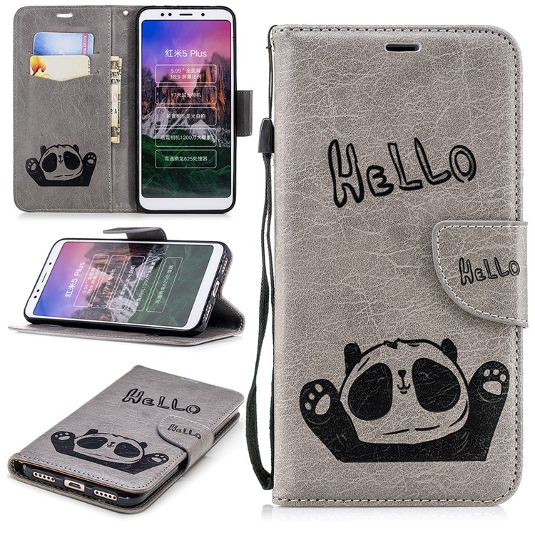 Imprinted Hello Panda Wallet Leather Stand Shell Case for Xiaomi Redmi Note 5 / Redmi 5 Plus - Grey-1