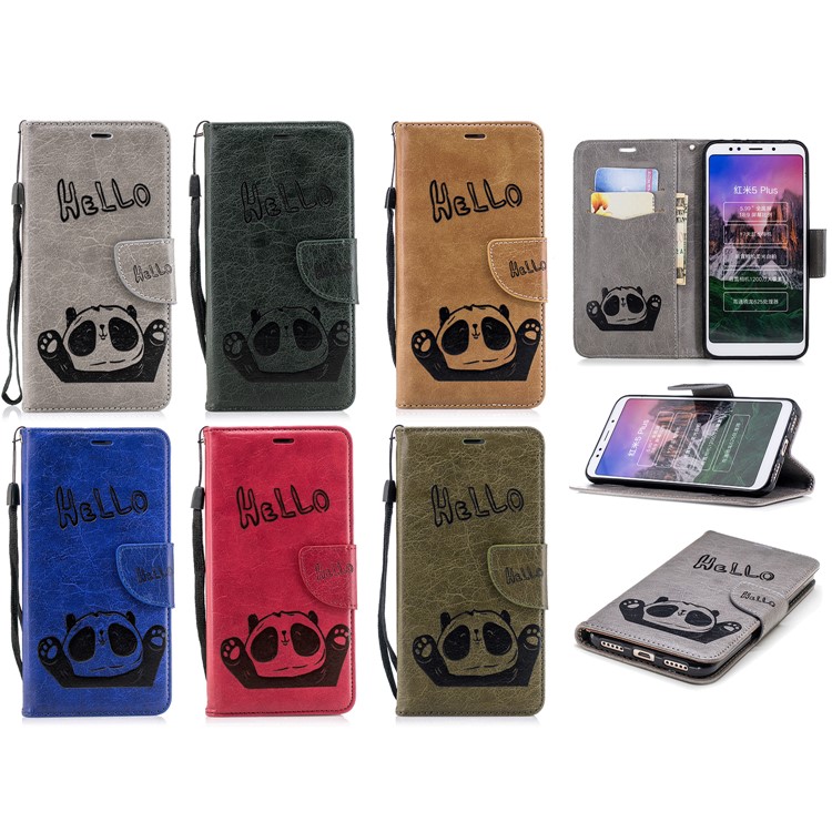 Imprinted Hello Panda Wallet Leather Stand Shell Case for Xiaomi Redmi Note 5 / Redmi 5 Plus - Grey-11