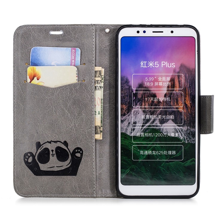 Imprinted Hello Panda Wallet Leather Stand Shell Case for Xiaomi Redmi Note 5 / Redmi 5 Plus - Grey-8