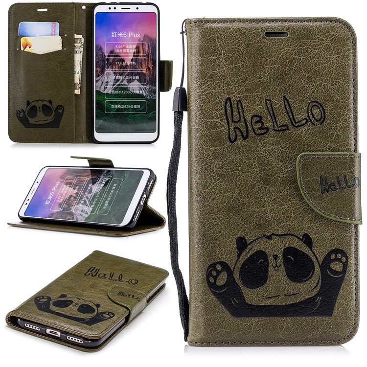 Imprinted Hello Panda Wallet Leather Protection Phone Case for Xiaomi Redmi Note 5 / Redmi 5 Plus - Army Green-1