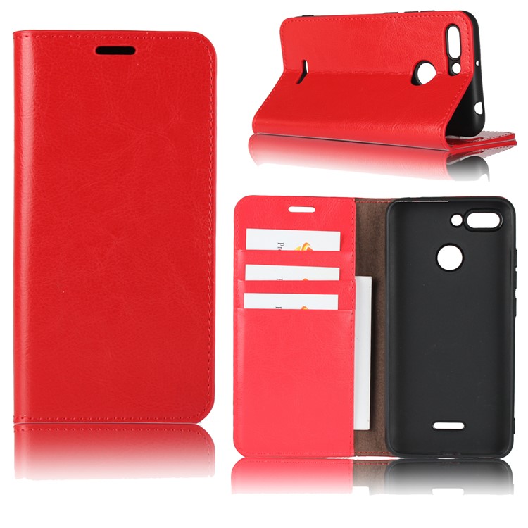 Crazy Horse Texture Genuine Leather Wallet Stand Mobile Case for Xiaomi Redmi 6 - Red-1