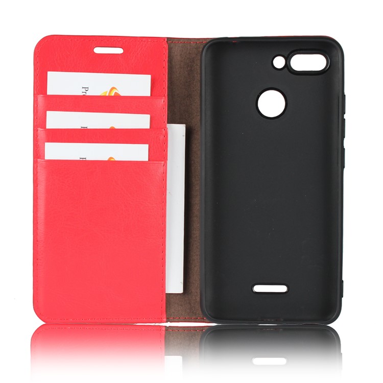 Crazy Horse Texture Genuine Leather Wallet Stand Mobile Case for Xiaomi Redmi 6 - Red-2