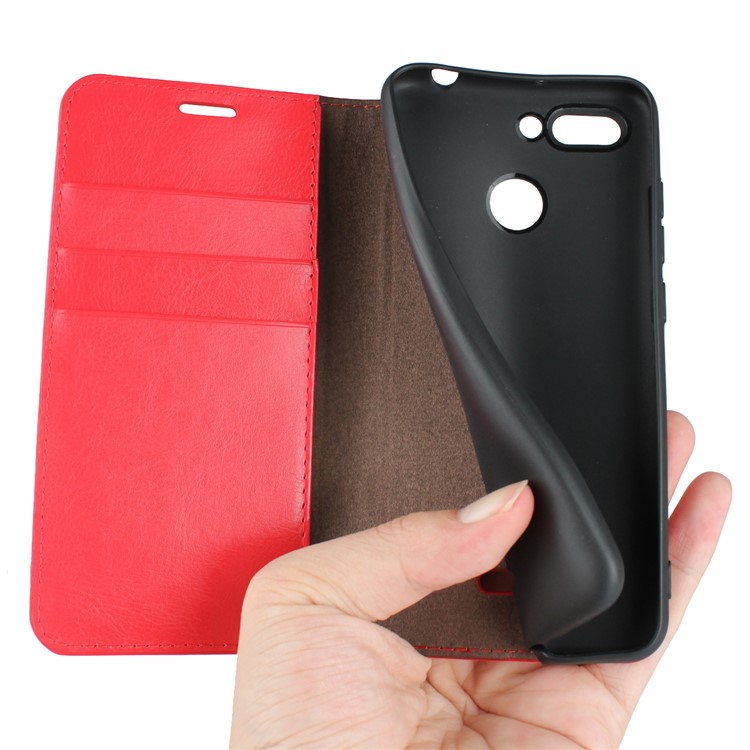 Crazy Horse Texture Genuine Leather Wallet Stand Mobile Case for Xiaomi Redmi 6 - Red-3