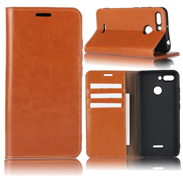 Crazy Horse Texture Genuine Leather Wallet Stand Mobile Shell for Xiaomi Redmi 6 - Brown-1