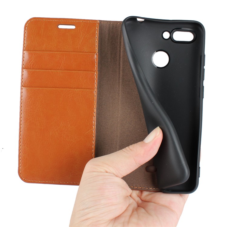 Crazy Horse Texture Genuine Leather Wallet Stand Mobile Shell for Xiaomi Redmi 6 - Brown-2