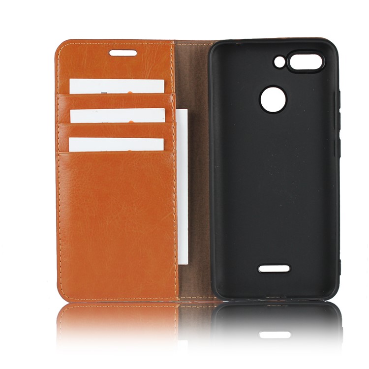 Crazy Horse Texture Genuine Leather Wallet Stand Mobile Shell for Xiaomi Redmi 6 - Brown-6