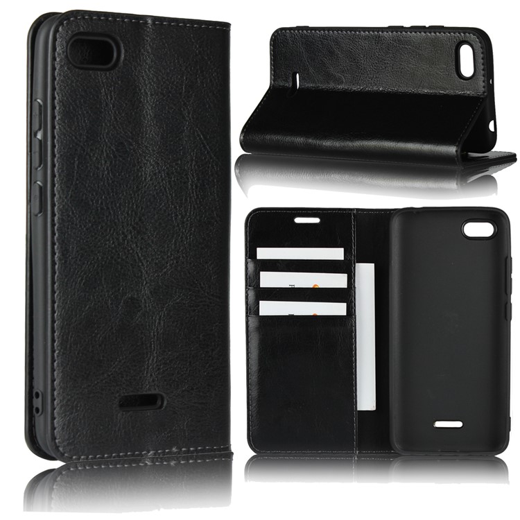 Crazy Horse Genuine Leather Wallet Case for Xiaomi Redmi 6A - Black-1