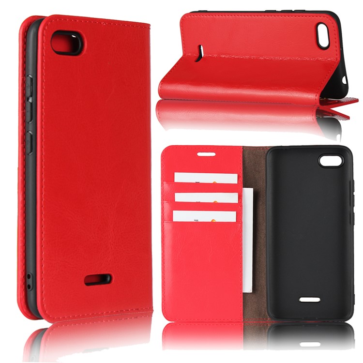 Crazy Horse Genuine Leather Wallet Cover for Xiaomi Redmi 6A - Red-1