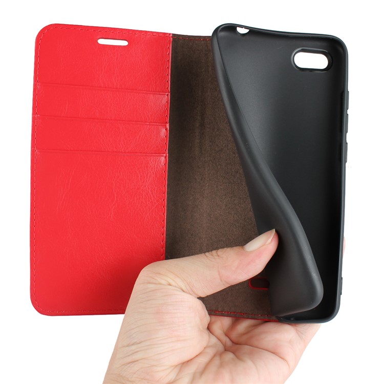 Crazy Horse Genuine Leather Wallet Cover for Xiaomi Redmi 6A - Red-6