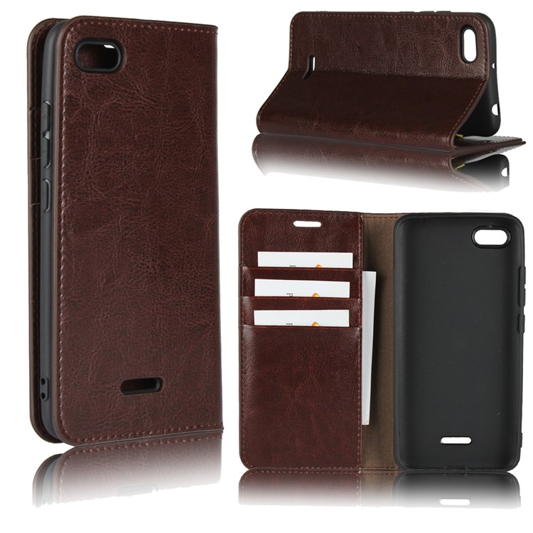 Crazy Horse Genuine Leather Stand Cover with Card Slots for Xiaomi Redmi 6A - Coffee-1