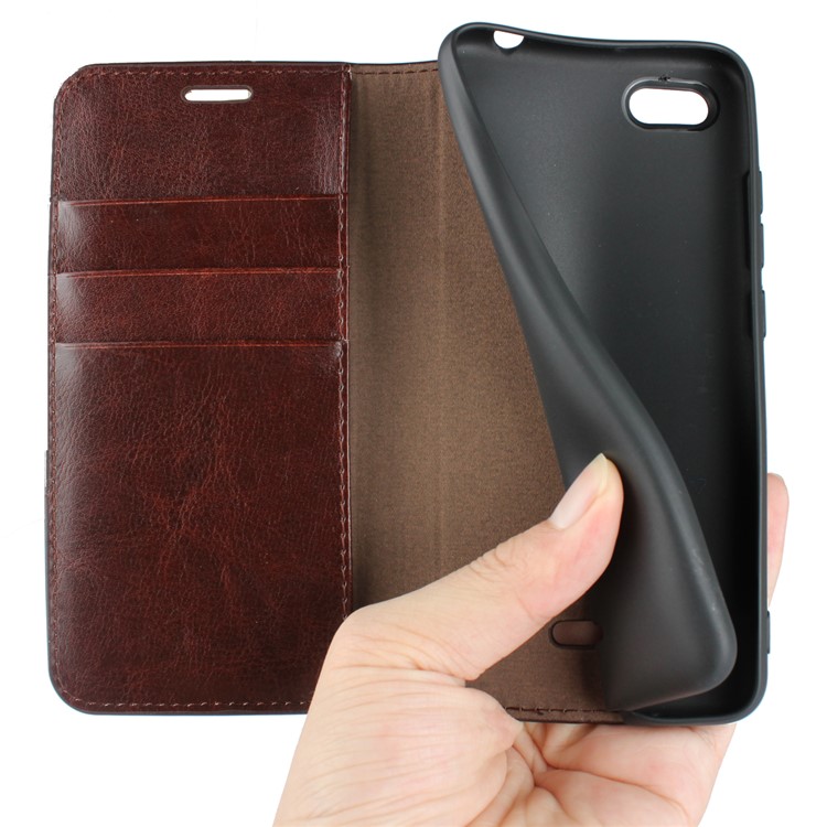 Crazy Horse Genuine Leather Stand Cover with Card Slots for Xiaomi Redmi 6A - Coffee-6
