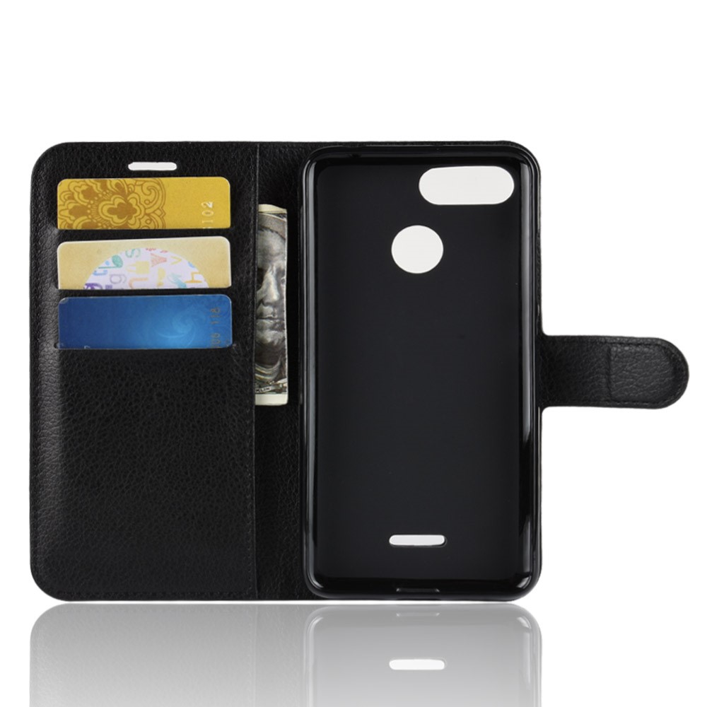Litchi Skin Wallet Leather Stand Case for Xiaomi Redmi 6 (Dual Camera: 12MP+5MP) - Black-3